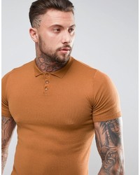 Asos Knitted Muscle Fit Polo Shirt In Tan