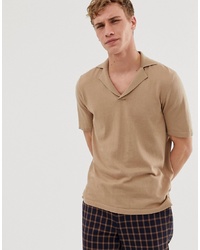 ASOS DESIGN Knitted Revere Polo T Shirt In Tan