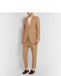 Gucci Beige Slim Fit Logo Jacquard Cotton Blend Suit Jacket