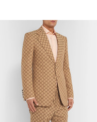 Gucci Beige Slim Fit Logo Jacquard Cotton Blend Suit Jacket