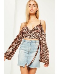 Missguided Nude Leopard Print Wrap Over Cold Shoulder Blouse
