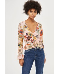 Topshop Star Floral Print Ruched Blouse