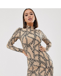 Boohoo High Neck Plisse Dress In Nude Chain Print