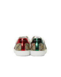 Gucci Beige And Brown Gg Supreme Bees Ace Sneakers