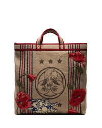 Gucci Beige Embroidered Pig Patch Jute Tote Bag