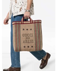 Gucci Beige Juta Arles Print Straw Tote Bag