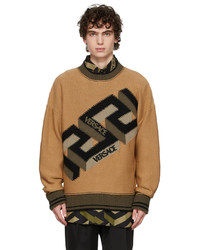 Versace Khaki Wool La Greca Intarsia Sweater