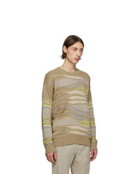 Z Zegna Taupe And Green Hand Drawn Stitch Sweater
