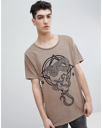 ASOS DESIGN Longline Scoop Neck T Shirt With Macabre Snake Print And Curved Hem