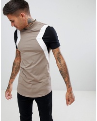 ASOS DESIGN Muscle Fit Longline T Shirt With Turtle Neck And Cut And Sew In Beige