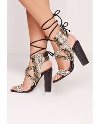 Missguided Snake Print Cross Strap Lace Back Block Heeled Sandals Multi