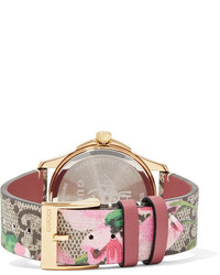 Gucci Printed Coated Canvas Leather And Gold Tone Watch Beige
