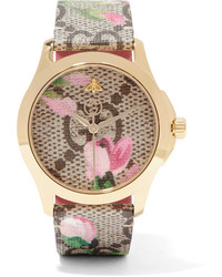 Gucci Printed Coated Canvas Leather And Gold Tone Watch Beige