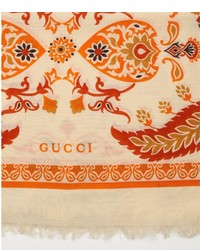 Gucci Beige And Orange Paisley Printed Wool And Silk Scarf
