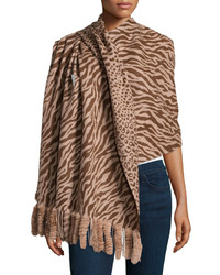 Neiman Marcus Tiger Print Fur Fringe Wrap Browntan