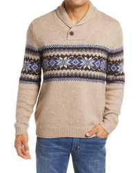Tan Print Shawl-Neck Sweater