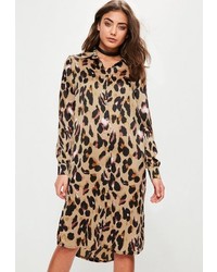 Missguided Brown Leopard Print Midi Split Shirt Dress