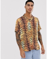 ASOS DESIGN Relaxed Short Sleeve Shirt In Tiger Print With Revere Collar