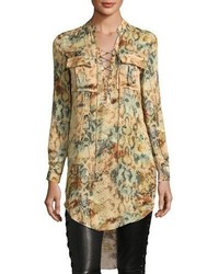 Haute Hippie Hellfire Lace Up Printed High Low Silk Blouse