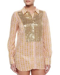 Figue Lamu Printed Sequined Silk Blouse