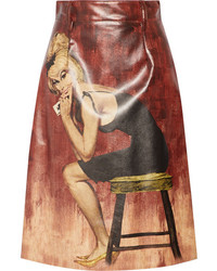 Prada Printed Coated Cotton Midi Skirt Claret