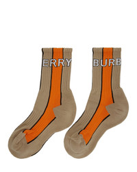 Burberry Beige And Orange Striped Logo Socks
