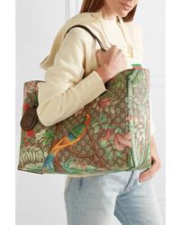 Gucci Leather Trimmed Printed Coated Canvas Tote Green