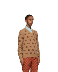 Gucci Tan Double G Jacquard V Neck Sweater