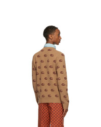 Gucci Tan Double G Jacquard V Neck Sweater