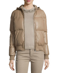 Ralph Lauren Collection Hooded Leather Puffer Jacket Taupe