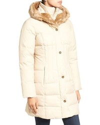 Larry Levine Quilted Down Feather Fill Coat With Faux Fur Trim Hood