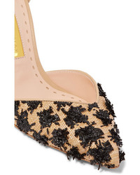 Rupert Sanderson Calleen Leather Trimmed Woven Raffia Pumps