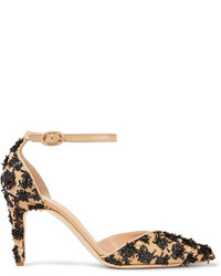 Rupert Sanderson Calleen Leather Trimmed Woven Raffia Pumps