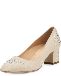 Charlotte Olympia Low Heel Jeweled Linen Pump Natural