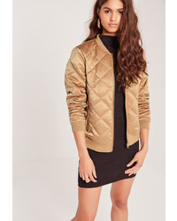 Tan Quilted Satin Bomber Jacket