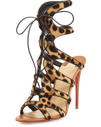 Christian Louboutin Amazoulo Caged Calf Hair Red Sole Sandal Brown