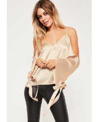 Missguided Nude Satin Cold Shoulder Tie Cuff Blouse