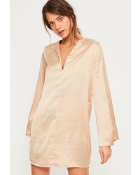 Missguided Nude Satin V Neck Oversized Cuff Dress