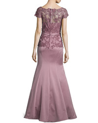 La Femme Belted Lace Trim Satin Gown