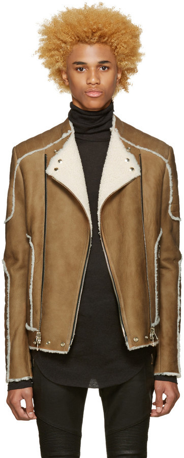 Balmain Beige Shearling Jacket, | SSENSE | Lookastic