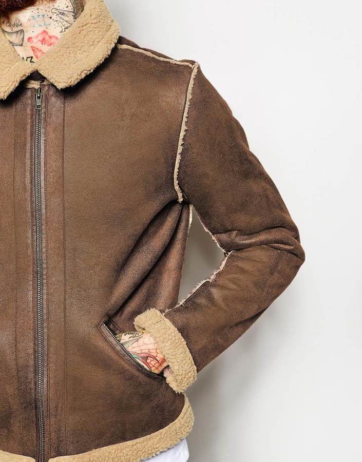 Tan overdyed faux on sale shearling biker jacket