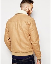Asos Brand Wool Harrington Jacket With Faux Shearling Collar In Camel