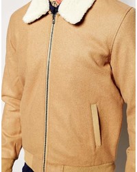 Asos Brand Wool Harrington Jacket With Faux Shearling Collar In Camel