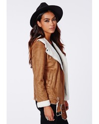 Missguided Bliss Faux Suede Shearling Jacket Tan