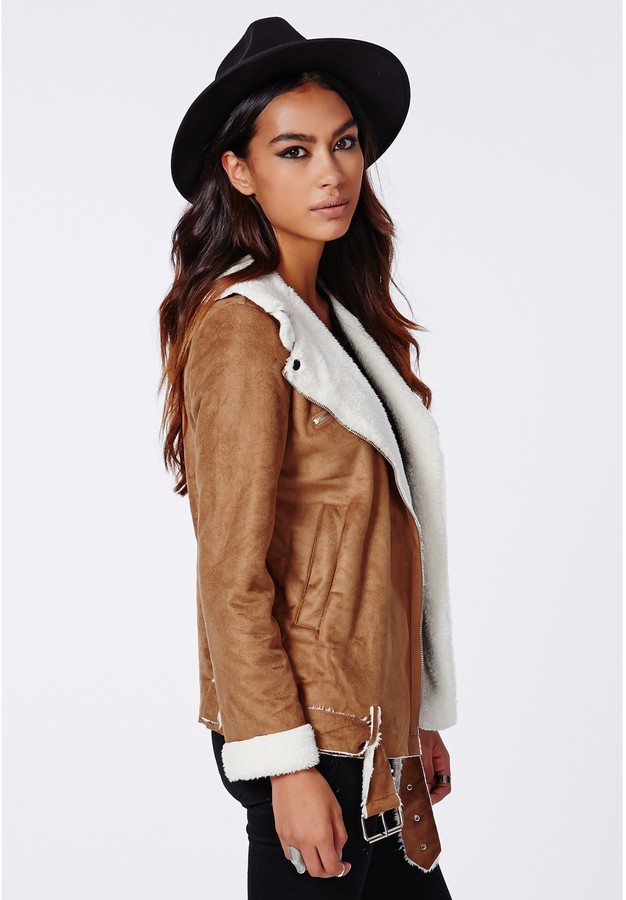 Missguided Bliss Faux Suede Shearling Jacket Tan, $70 | Missguided