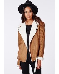 Missguided Bliss Faux Suede Shearling Jacket Tan