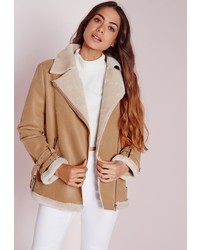 Missguided Faux Shearling Pilot Jacket Camel