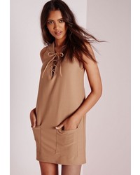 Missguided Plunge Lace Up Swing Dress Tan