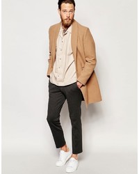 Asos Brand Camel Shirt With Revere Collar And Elasticated Hem In Regular Fit