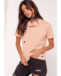 Missguided Petite Ripped Boyfriend T Shirt Nude
